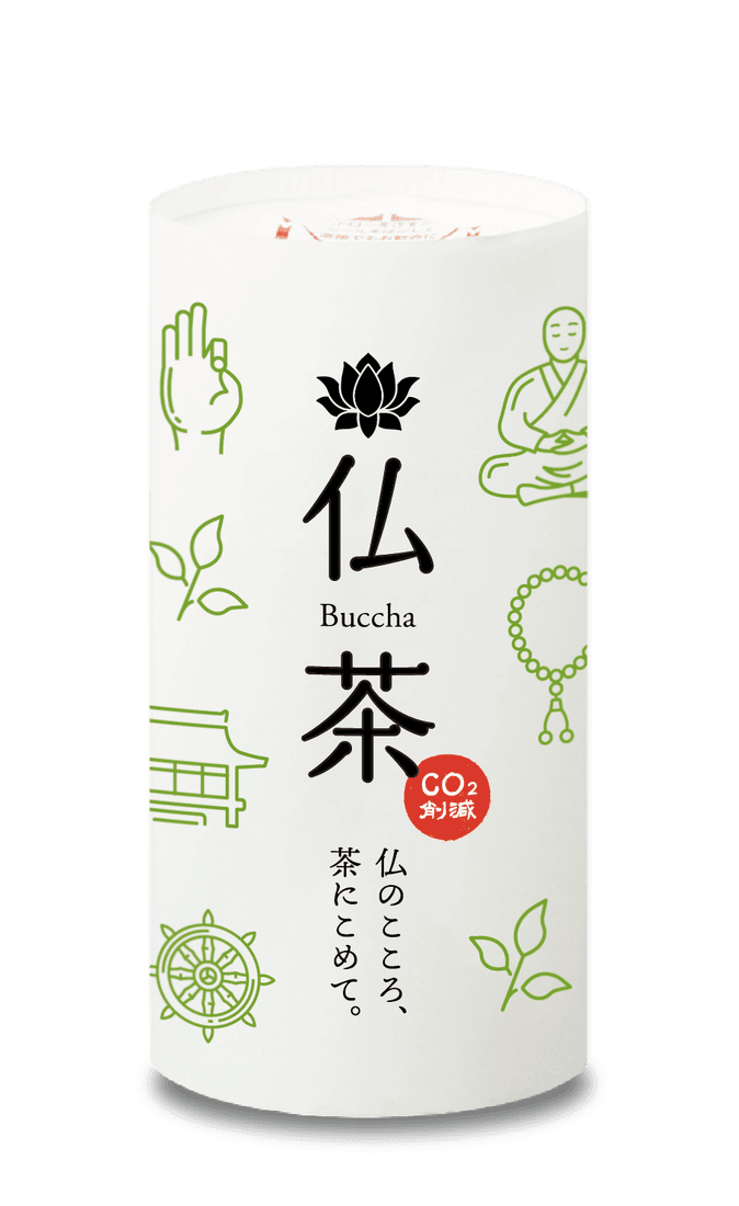 仏茶(Buccha)のパッケージ正面。蓮のマークと「仏のこころ、茶にこめて。」の言葉