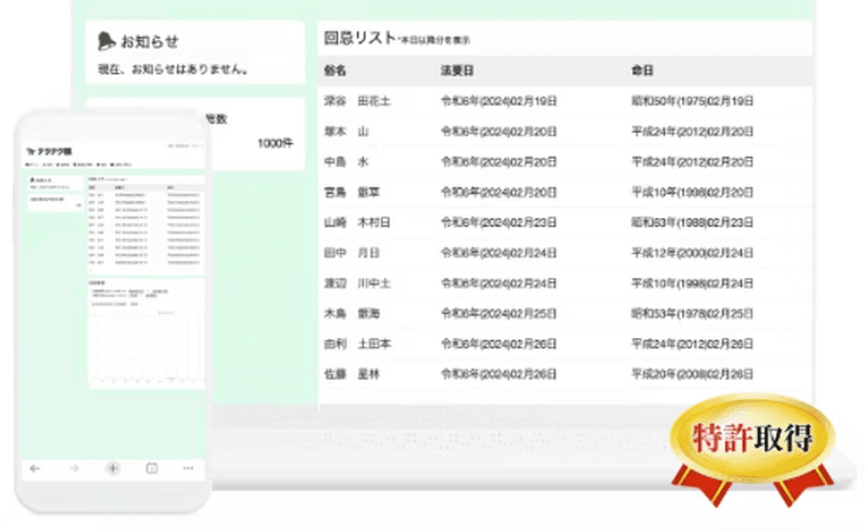 楽寺務の基盤システム「テラテク帳」の回忌リスト画面(特許取得)