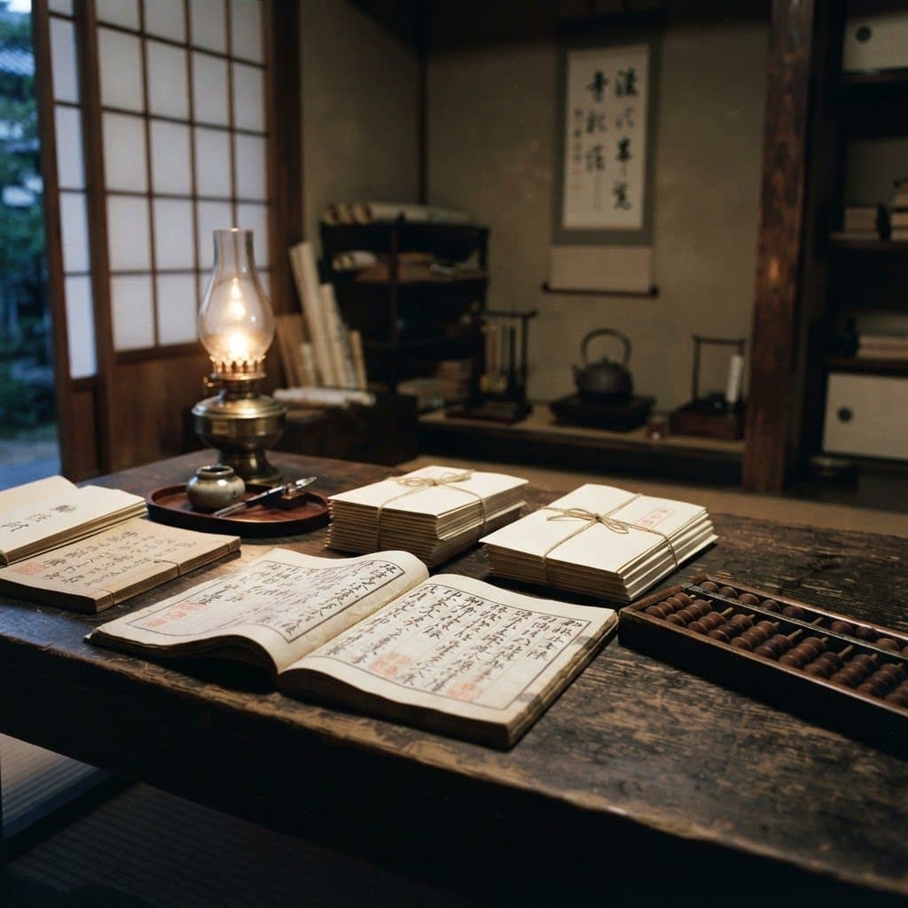 手書きの帳簿や封筒が積まれた寺務机